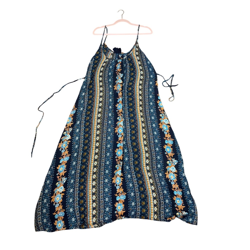 B.O.G Collective Blue Floral Boho Maxi Dress Medium Tassel Tie Adjustable Straps